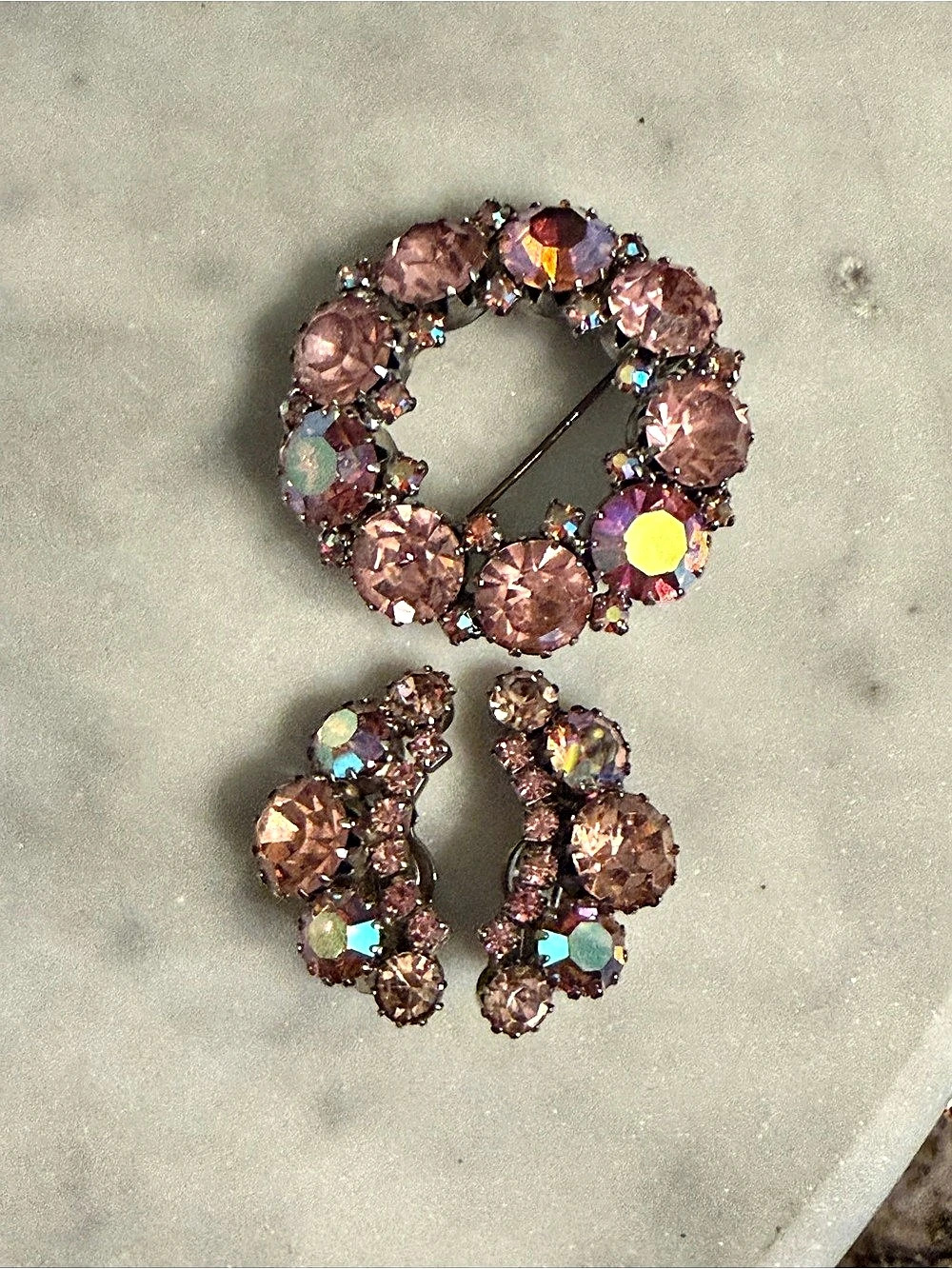 WEISS Rhinestone Brooch and Earrings Set in Pink